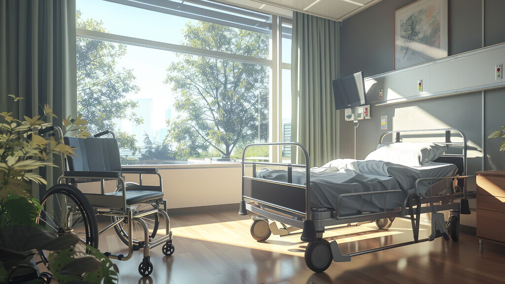 A hospital room with a bed and a wheelchair.