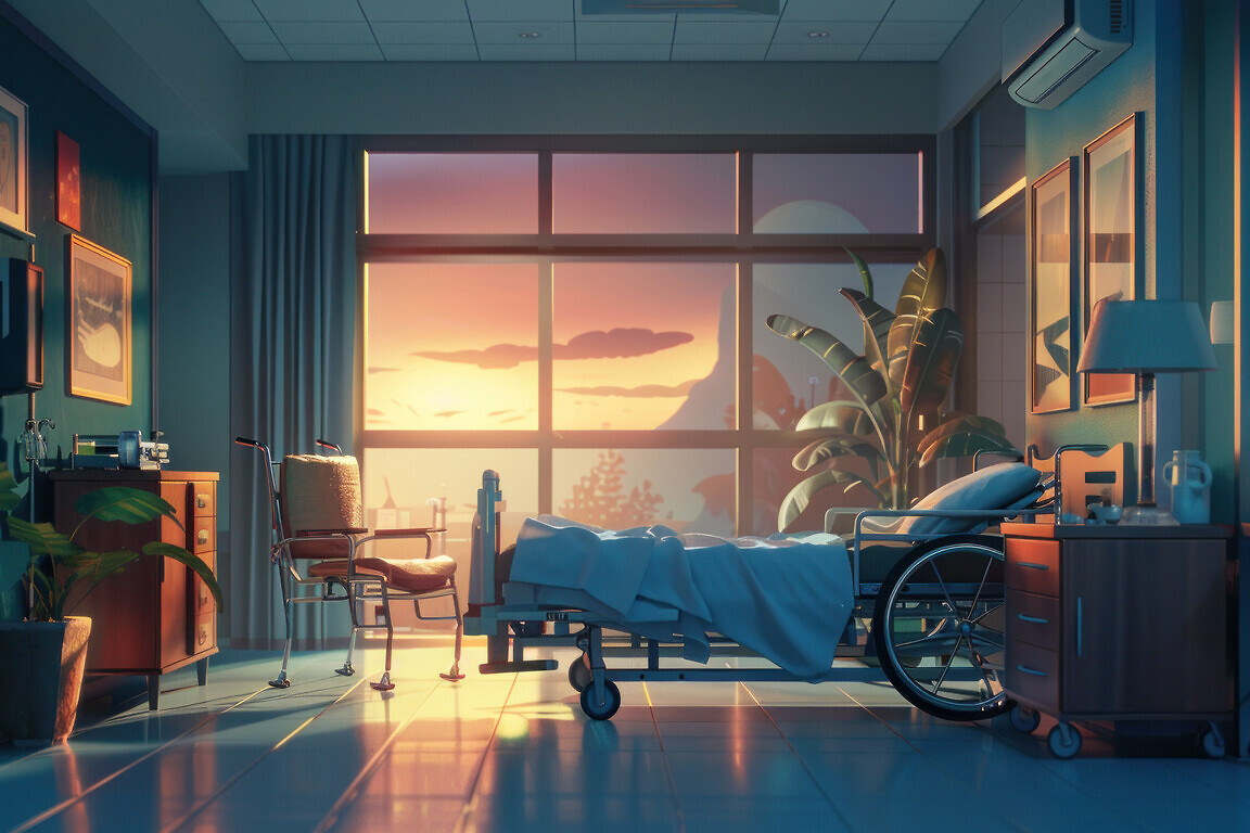 A hospital room with a bed and a wheelchair.