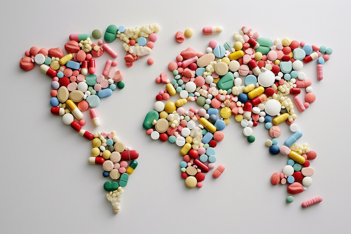 World map made of tablets and capsules. Pharmacology and pharmaceutical companies. World medical programs. Nutritional supplements.
