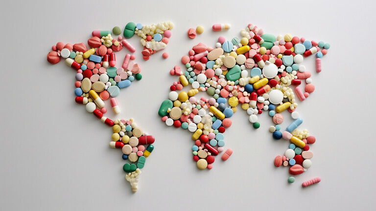 World map made of tablets and capsules. Pharmacology and pharmaceutical companies. World medical programs. Nutritional supplements.