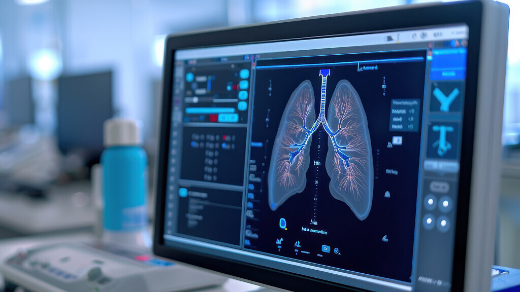 Close-up of a computer screen displaying medical imaging of huma