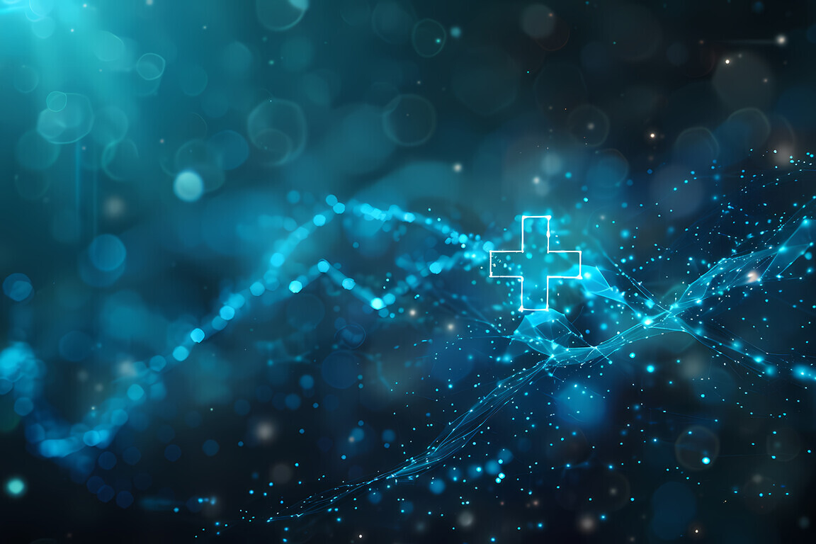Futuristic medical technology concept with glowing digital health icons and interconnected data points.