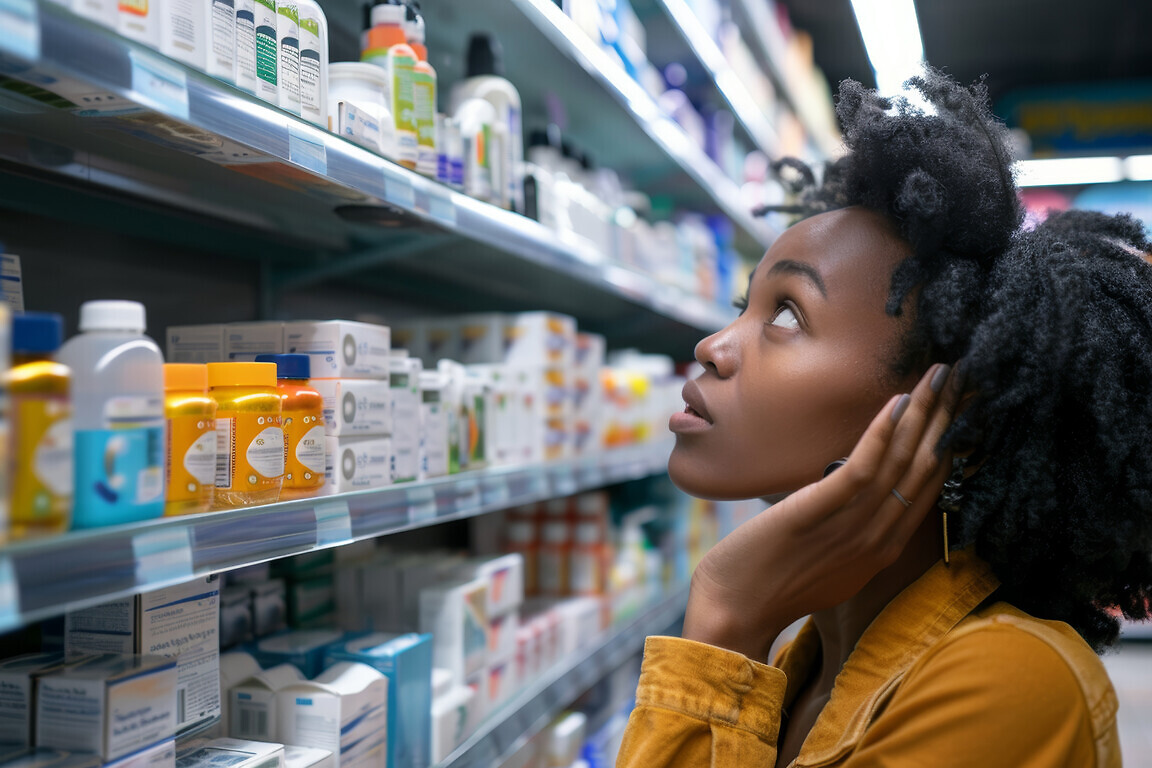 Woman patient considering painkiller on pharmacy shelf.