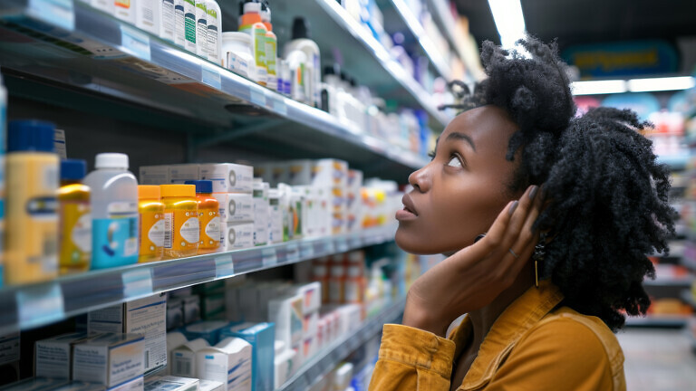 Woman patient considering painkiller on pharmacy shelf.