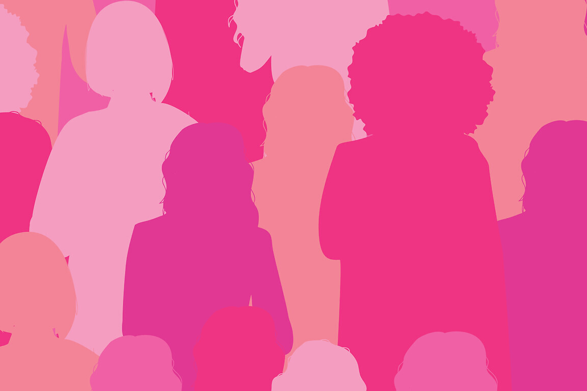 Seamless pattern with women silhouette in pink colors. Breast cancer.