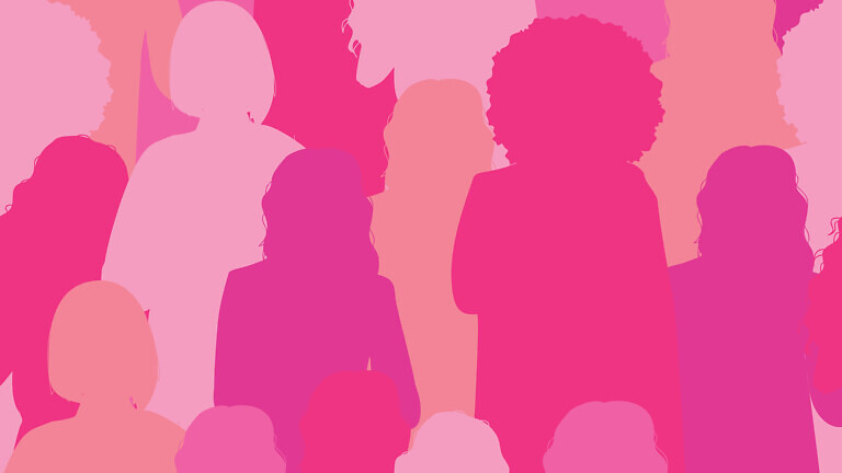 Seamless pattern with women silhouette in pink colors. Breast cancer.
