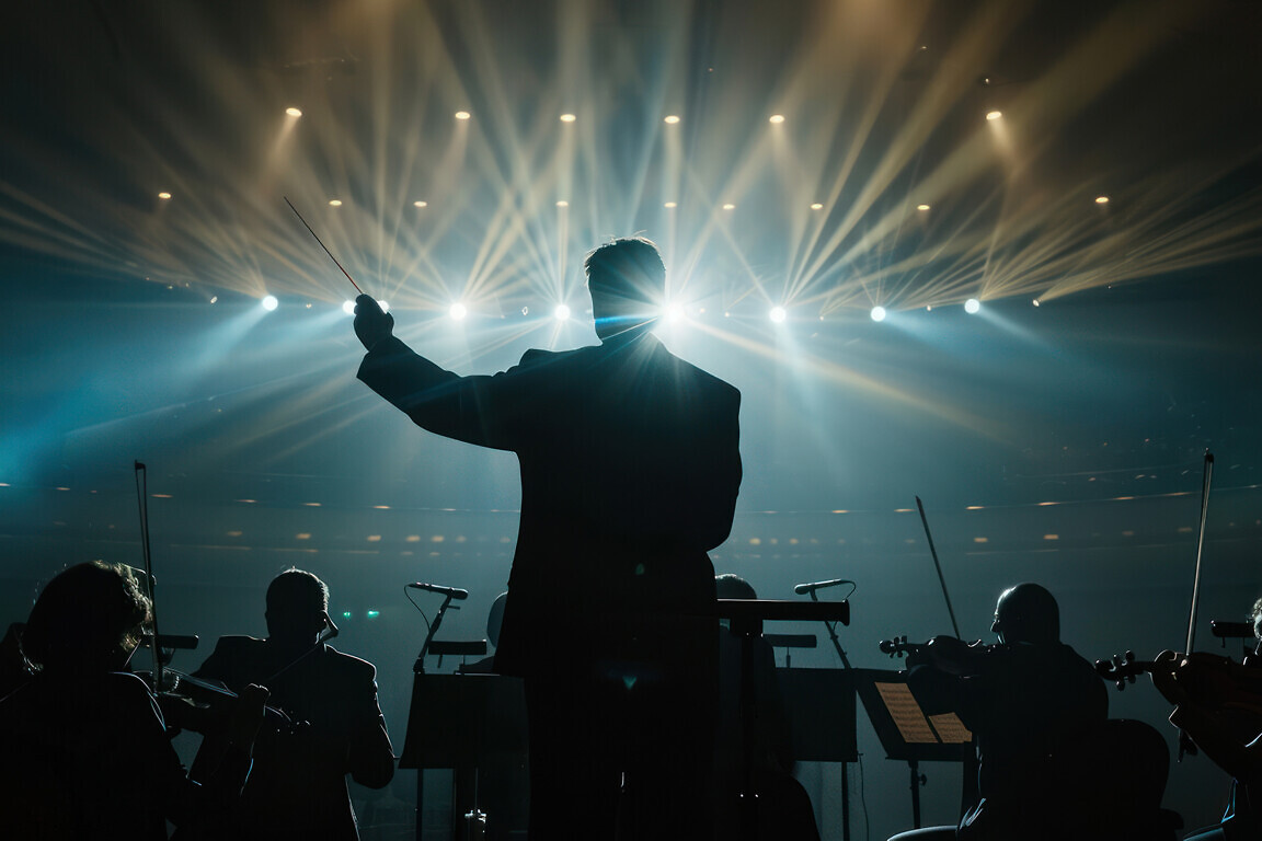 Silhouette person conductor leads an orchestra, baton in hand, under dramatic stage lights in a grand concert