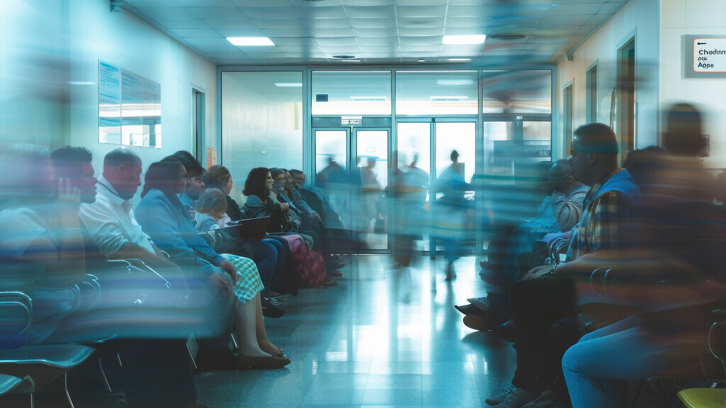 A crowded hospital waiting room with people in need of medical attention.