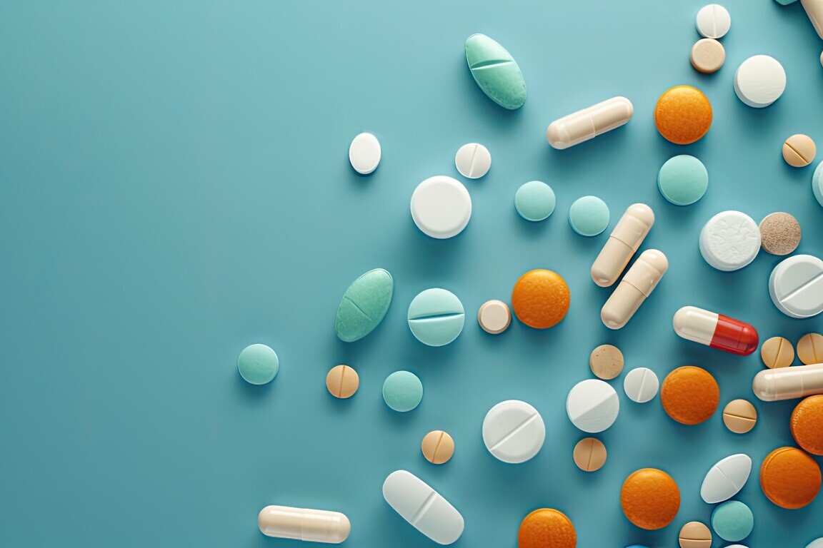 Various drugs like pills, tablets, and capsules arranged on a blue surface seen from above. There is room for text or other elements in the photo. image with copy space