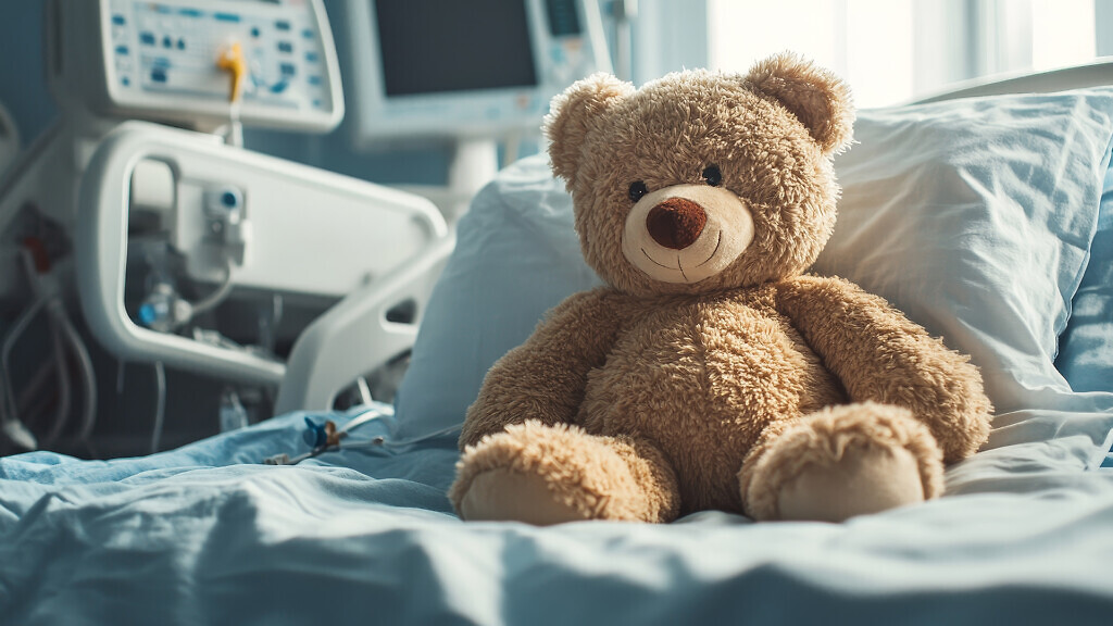 A teddy bear sits on a hospital bed, symbolizing comfort, companionship, hope, and resilience for a child during a difficult time.