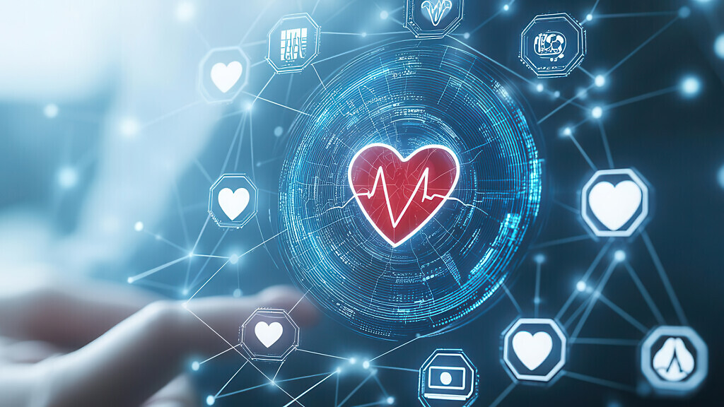 Futuristic digital interface with heart and artery icons, illustrating technology in monitoring circulation health