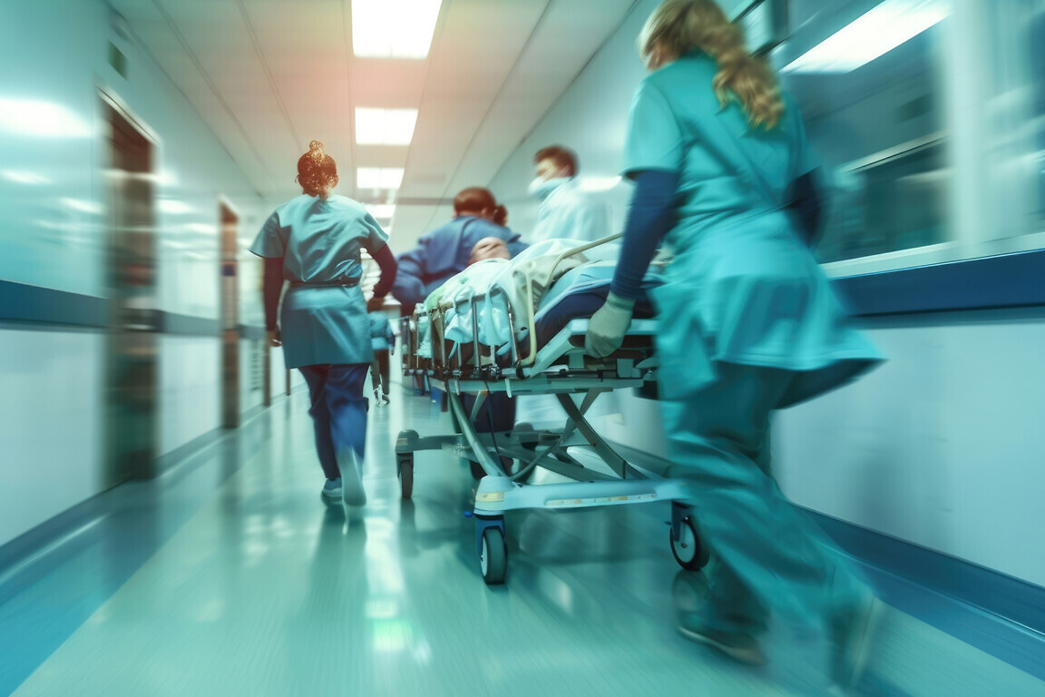 an ambulance crew carries a patient on a gurney, intensive care
