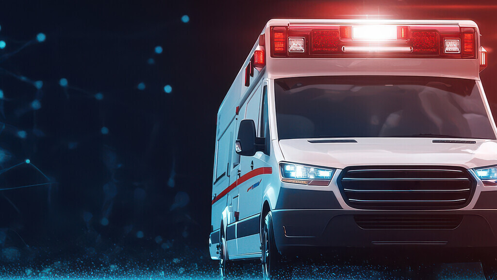 An emergency ambulance with flashing lights, symbolizing urgent medical response and healthcare services in a digital environment.