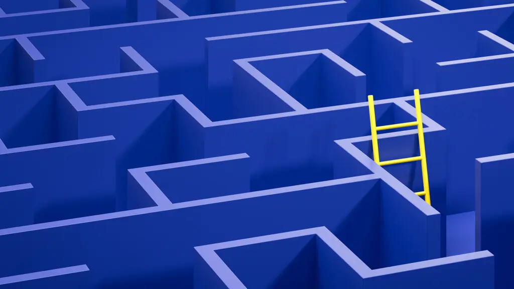 Concept - solving a complex problem by thinking out of the box or cheating. Blue maze and floor with a yellow ladder leaned against the wall. Web banner format