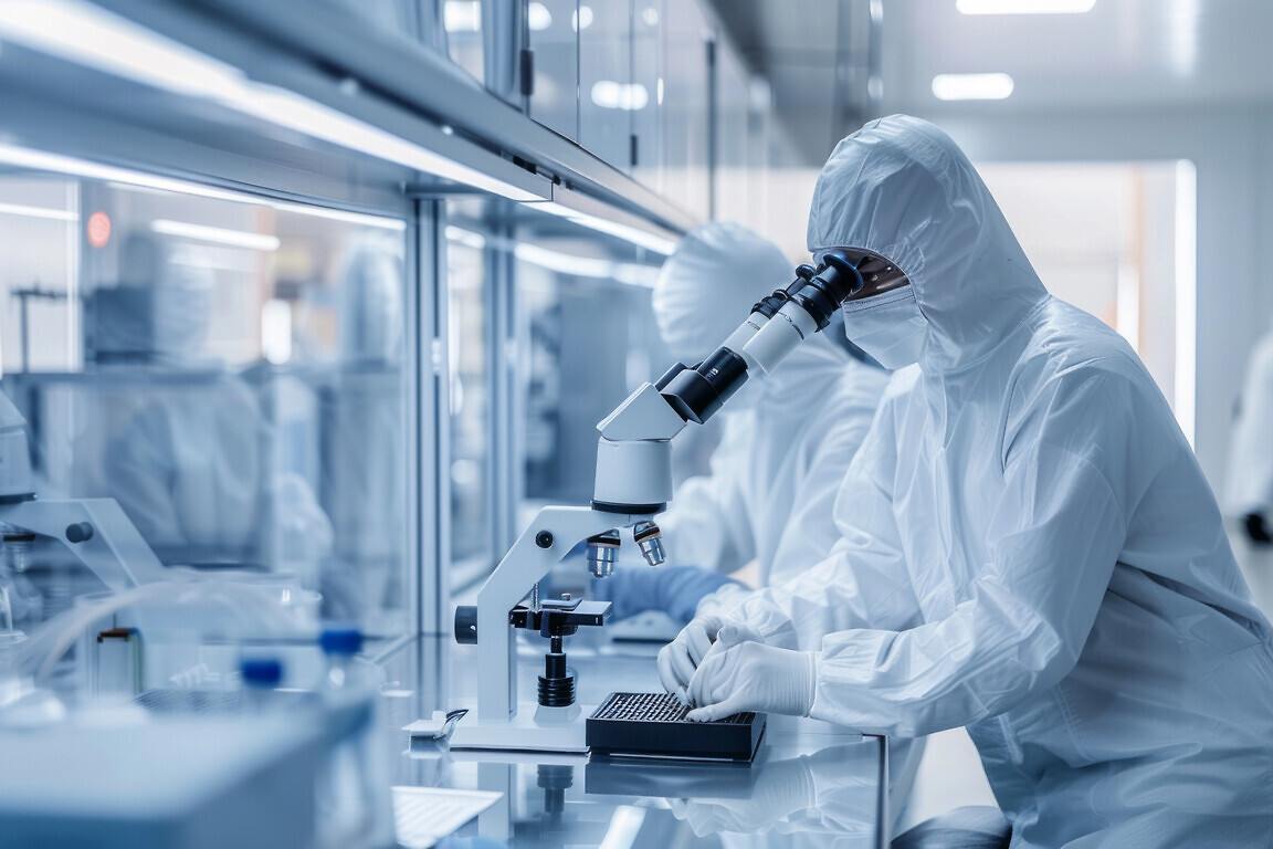 Two scientists clad in protective clothing are focused on examining samples under a microscope in a sterile laboratory environment, highlighting their dedication to research.