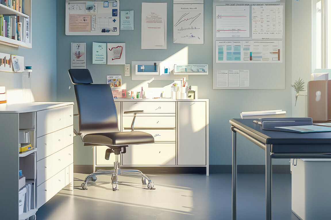 A well-lit family doctor’s office with a consultation area and