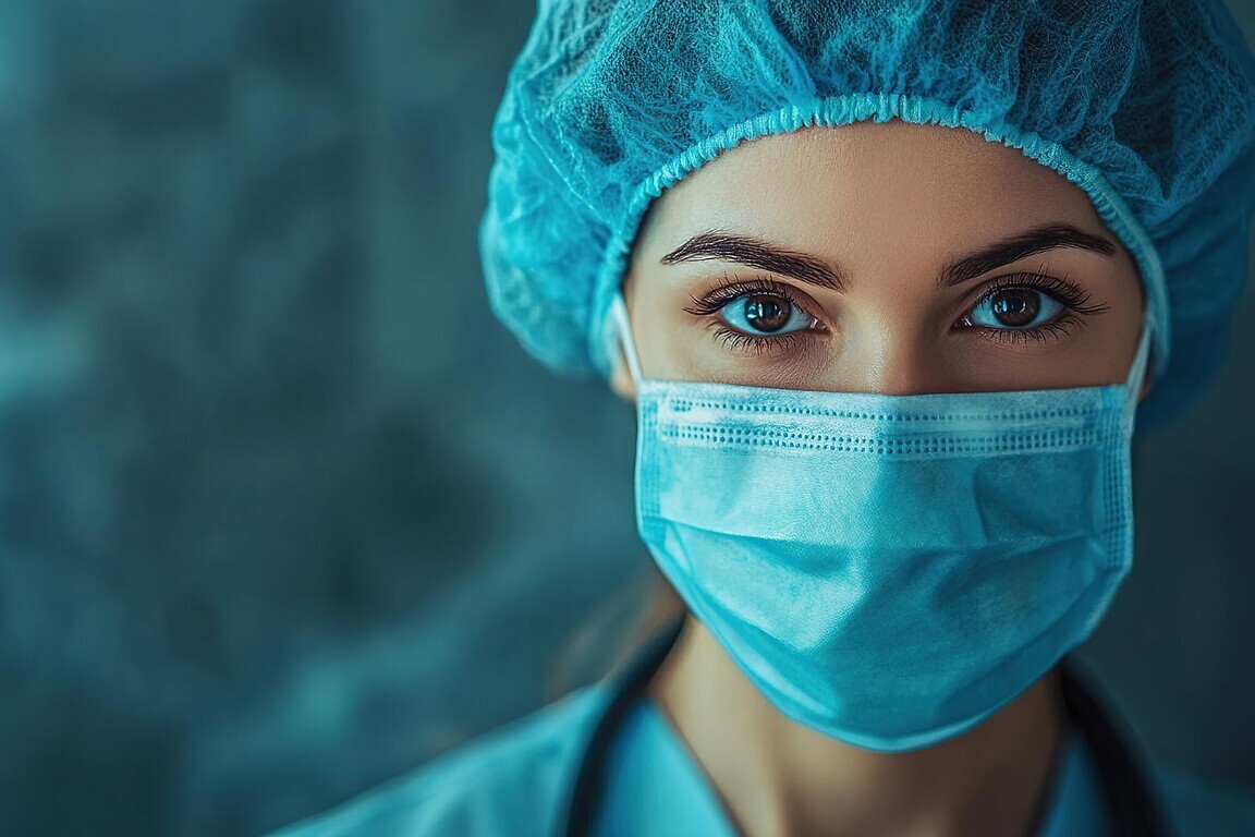 A female medic wearing a medical mask and overalls. A team of specialists at the workplace. Professional. Illustration for cover, card, postcard, interior design, poster.