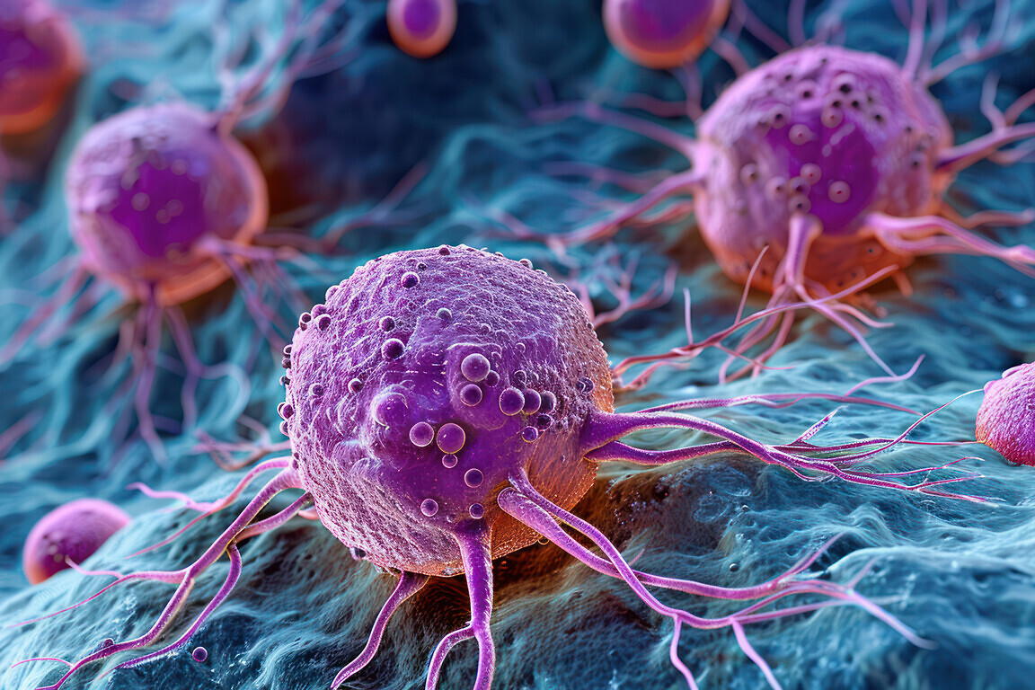 Microscopic View of Human Immune Cells and Cancer Cells Interact