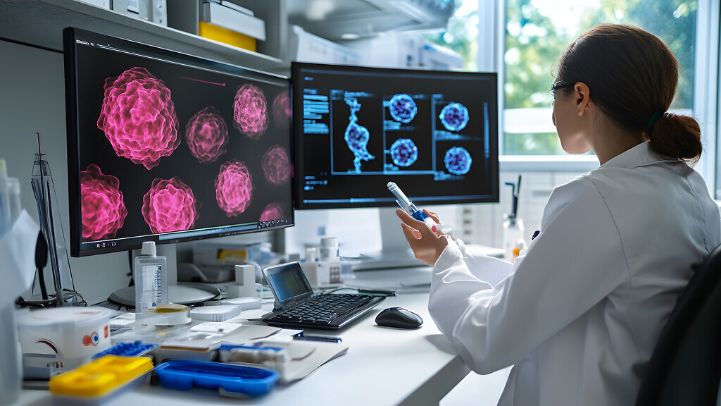 A female scientist studies a cancer cure on a computer.