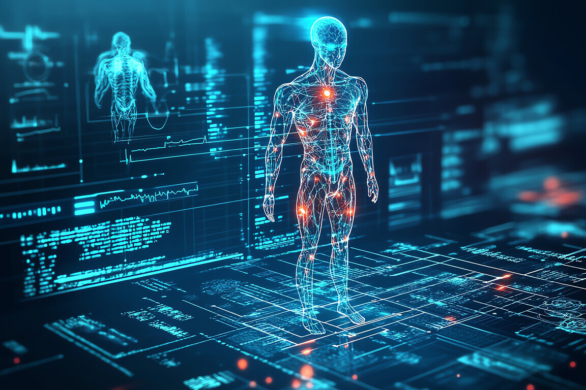 An AI-powered healthcare system with glowing medical data visual