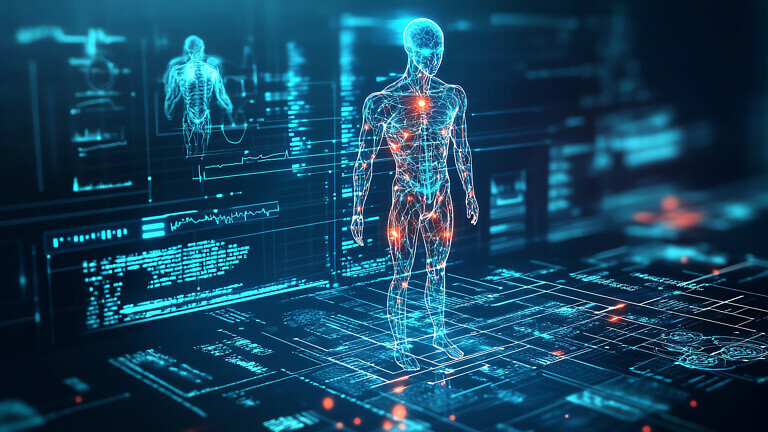 An AI-powered healthcare system with glowing medical data visual