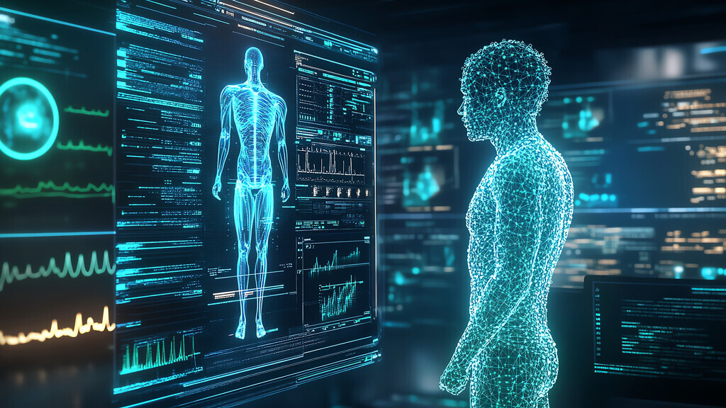 An AI-powered healthcare system with glowing medical data visual