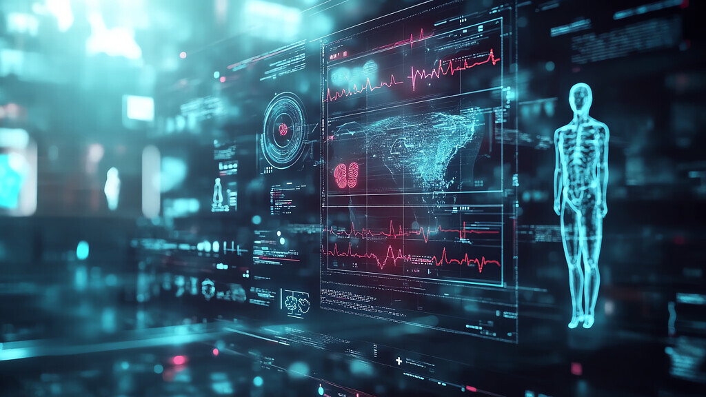 An AI-powered healthcare system with glowing medical data visual