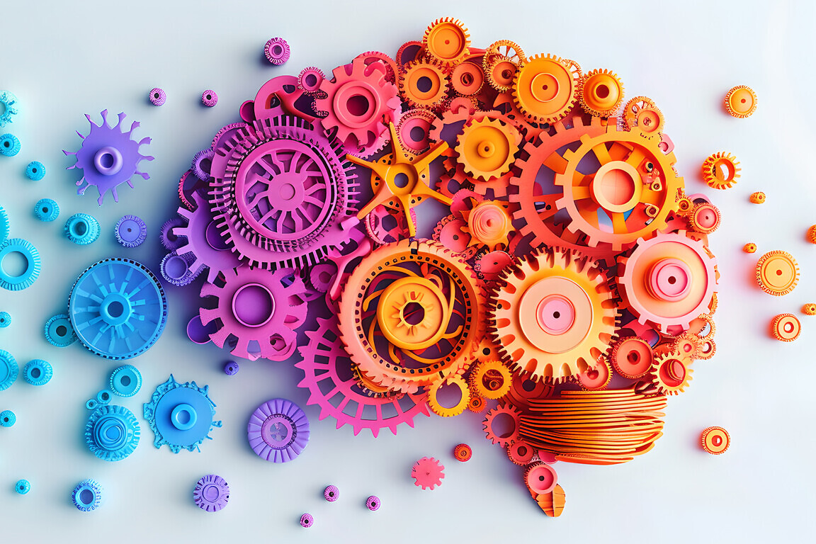 Abstract brain made of colorful gears and cogs represents the co