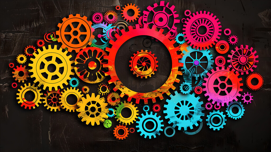 The brain image filled with colorful gears symbolizes creativity