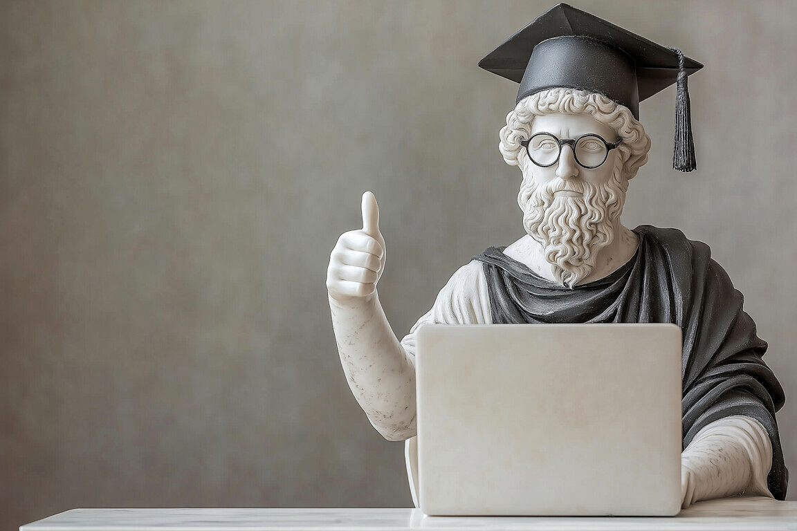 Classic sculpture thumbs up studying at the laptop. Greek god statue wearing black Graduate cap. Classical education, online school, obtaining a university diploma. The best course to study online