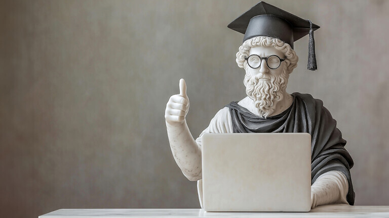 Classic sculpture thumbs up studying at the laptop. Greek god statue wearing black Graduate cap. Classical education, online school, obtaining a university diploma. The best course to study online