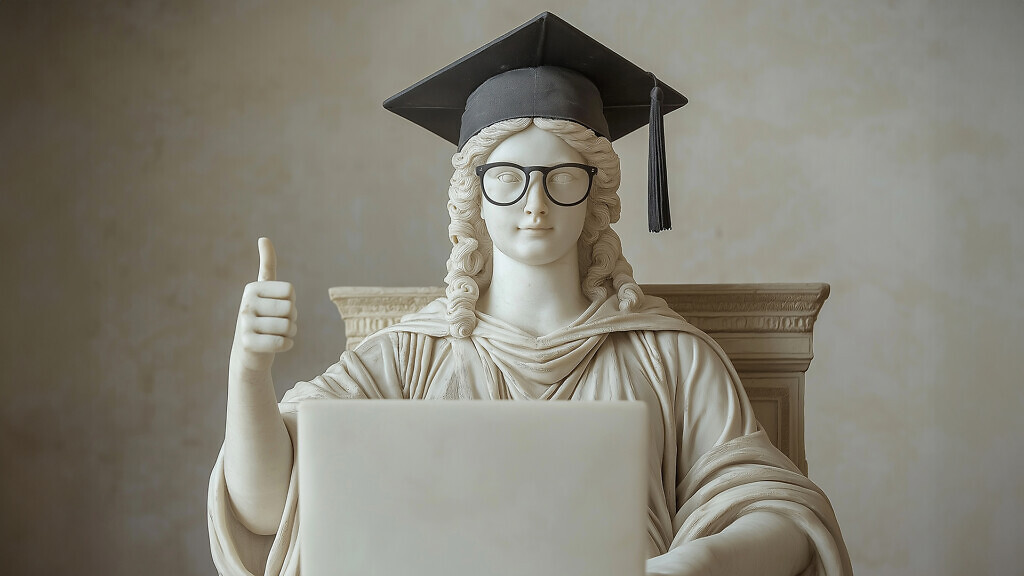 Classic sculpture thumbs up studying at the laptop. Greek god statue wearing black Graduate cap. Classical education, online school, obtaining a university diploma. The best course to study online