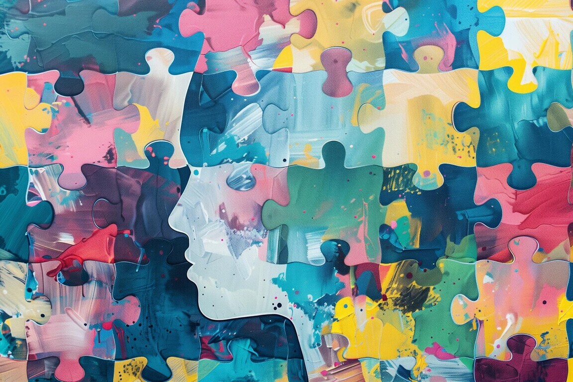 Puzzle featuring colorful pieces that form the silhouette of an adult head. Representing mental health, identity, and the complexity of the human mind.