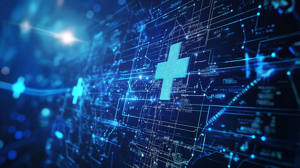 Blue digital healthcare cross emerging from futuristic technological background