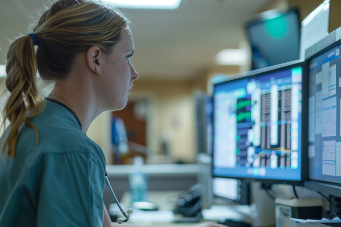 Registered nurse reviews patient charts on a computer monitor at nursing station