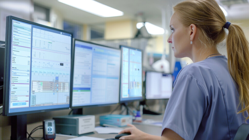 Registered nurse reviews patient charts on a computer monitor at nursing station