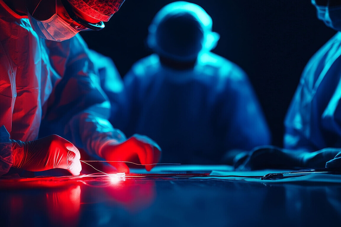 Operating room with a team of surgeons and advanced technology,