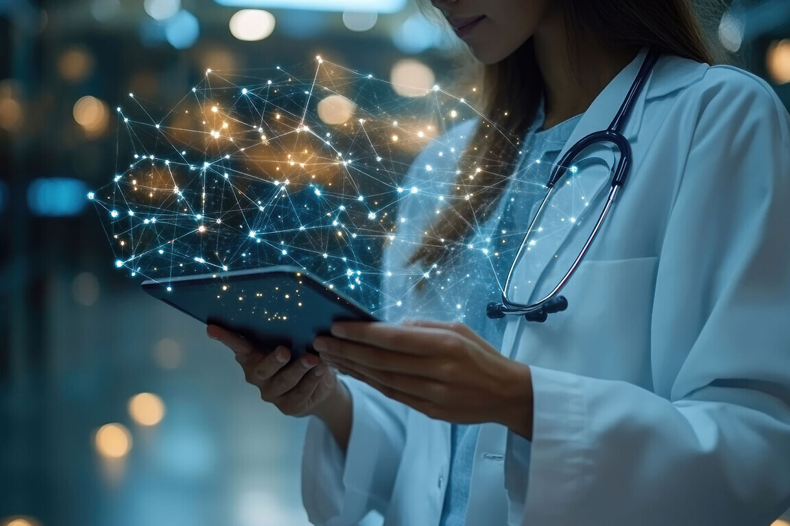 Doctor Examining Digital Network on Tablet