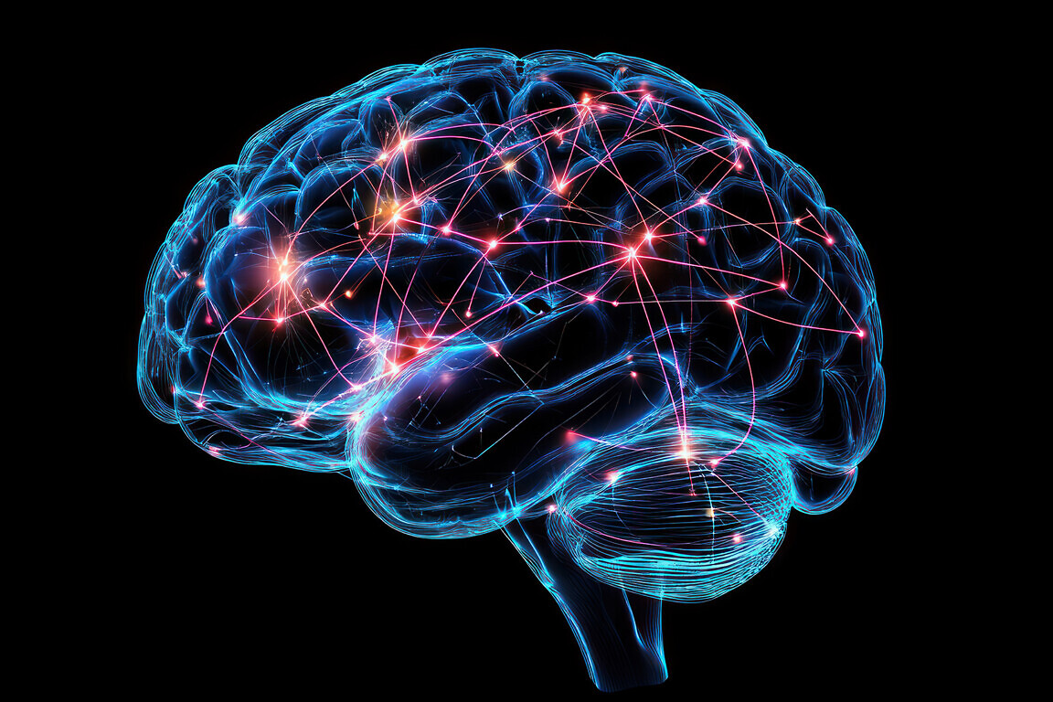 A medical illustration of the brain with highlighted regions associated with different functions and nervous system activities