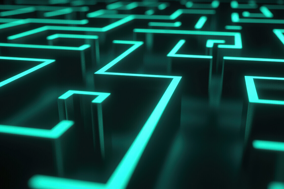 The intricate pathways of a glowing maze create a mesmerizing visual experience. Illuminated in vibrant teal, the geometric lines twist and turn, inviting exploration in a darkened atmosphere, evoking a sense of intrigue and adventure.