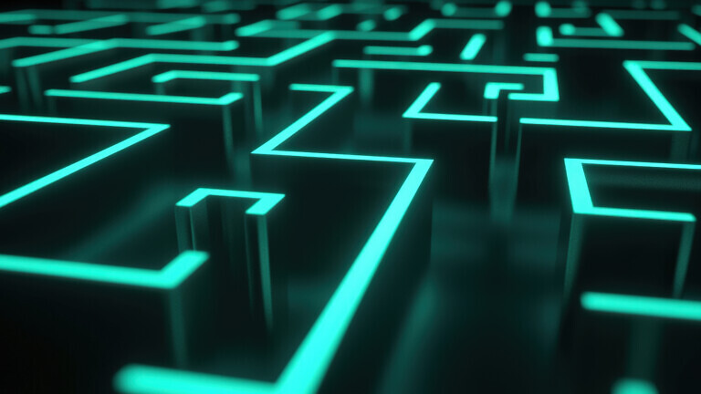 The intricate pathways of a glowing maze create a mesmerizing visual experience. Illuminated in vibrant teal, the geometric lines twist and turn, inviting exploration in a darkened atmosphere, evoking a sense of intrigue and adventure.