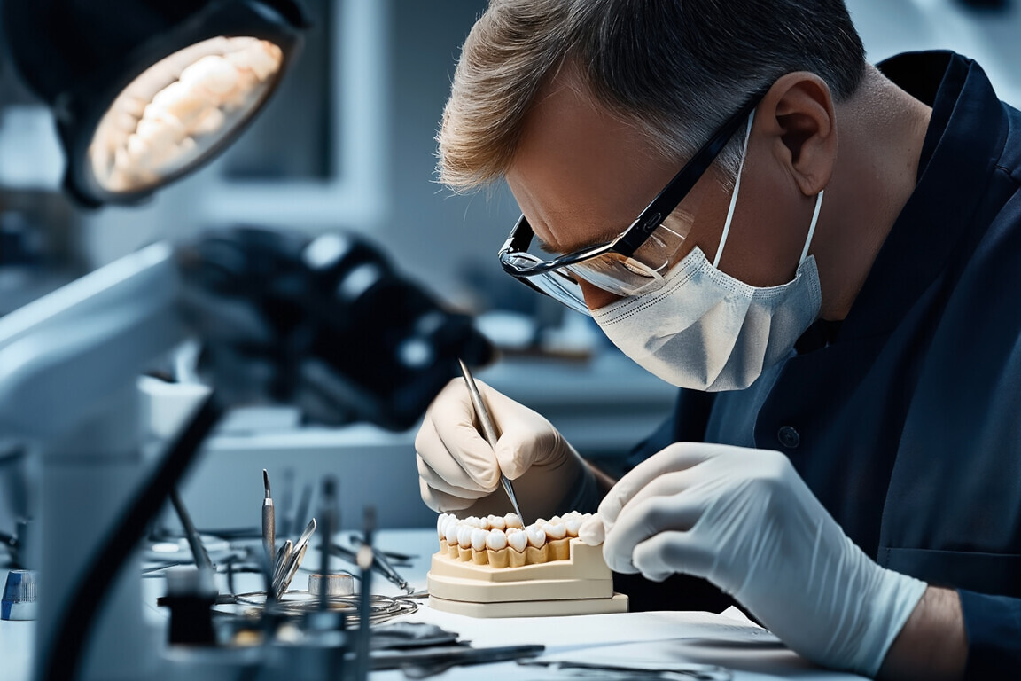 A dental technician in protective gear, including gloves, mask, and goggles, meticulously works on a dental model in a lab setting equipped with various dental tools and equipment.