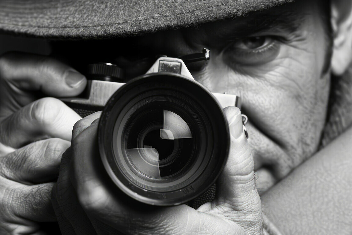 Man in hat looking through camera lens