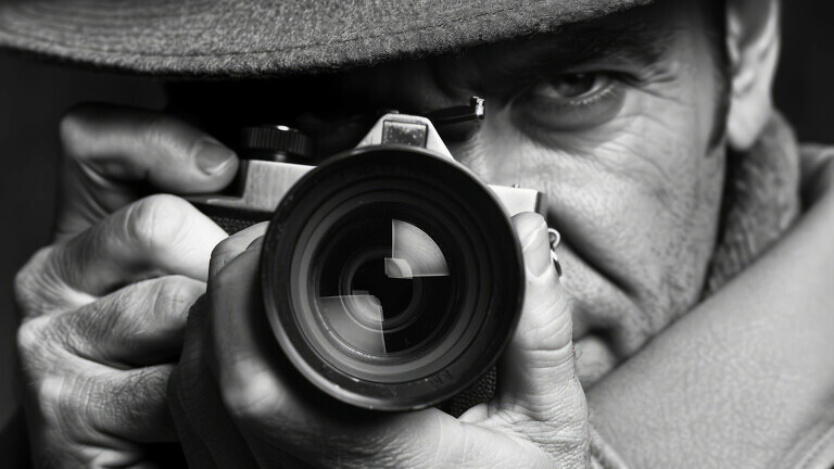 Man in hat looking through camera lens