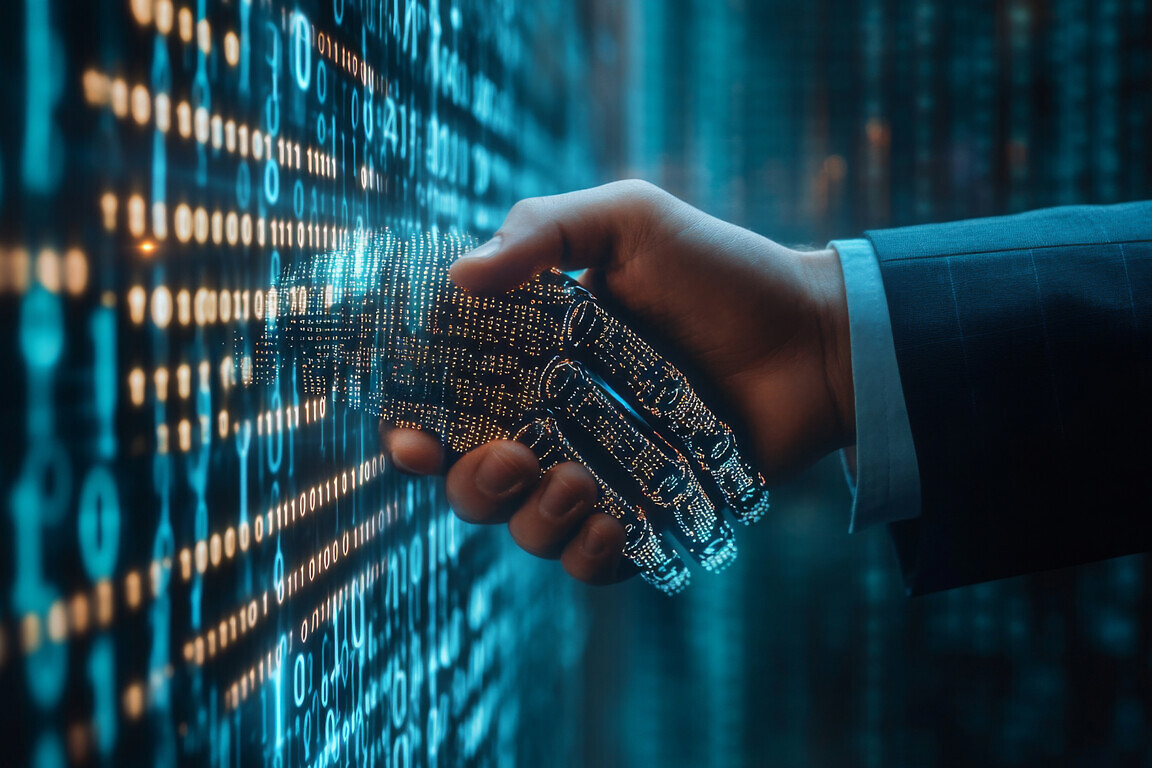 Businessman and robot handshake about tech innovation, machine learning progress and partnership with future Artificial General Intelligence