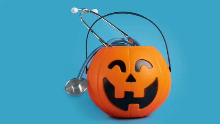 halloween medical healthcare,stethoscope in a pumpkin candy bowl, seasonal discounts for doctors in hospitals and clinics, autumn examinations, holiday promotions