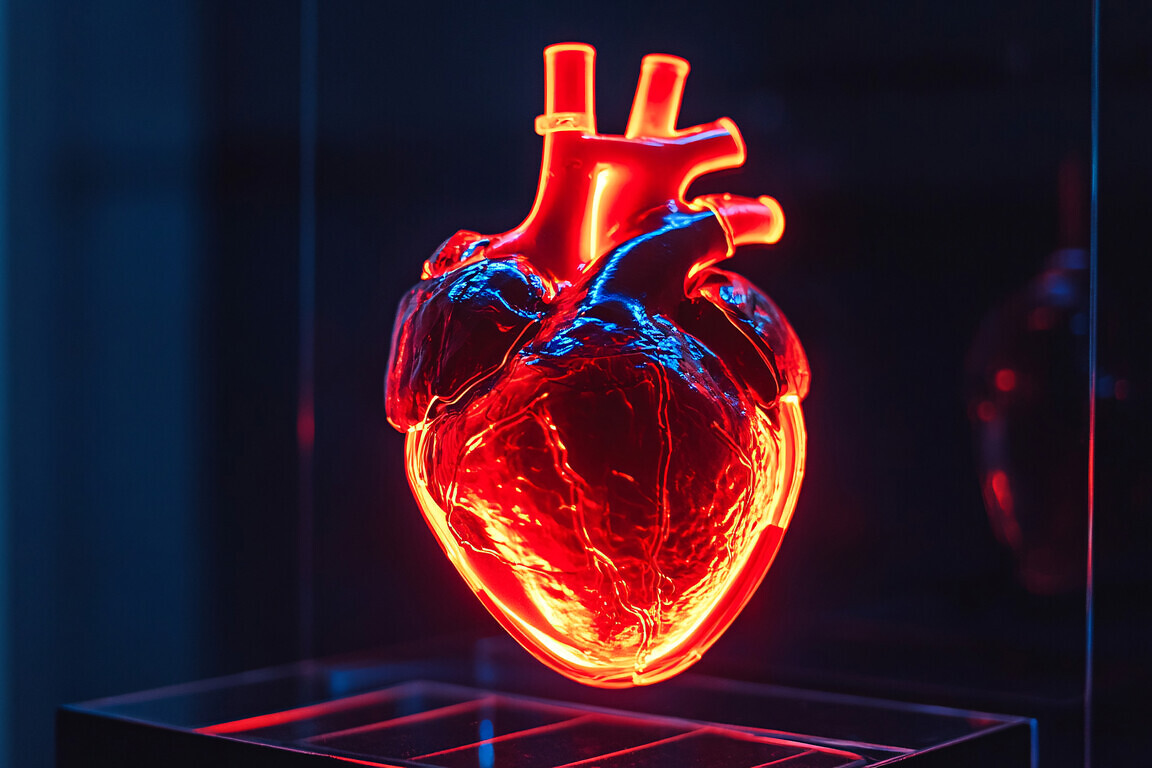 Human heart in a neon-lit display.