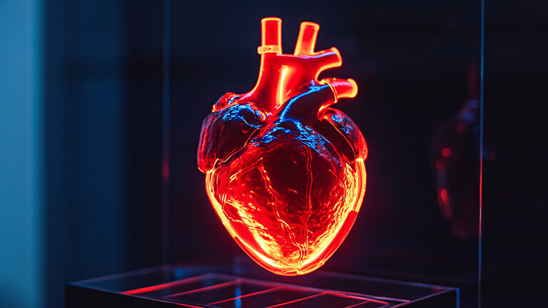 Human heart in a neon-lit display.