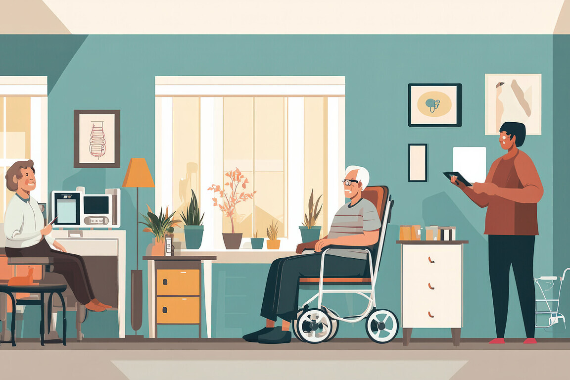 A geriatric health service setting, showing an elderly patient receiving medical attention from a caring provider, surrounded by assistive devices and a calming, home-like atmosphere