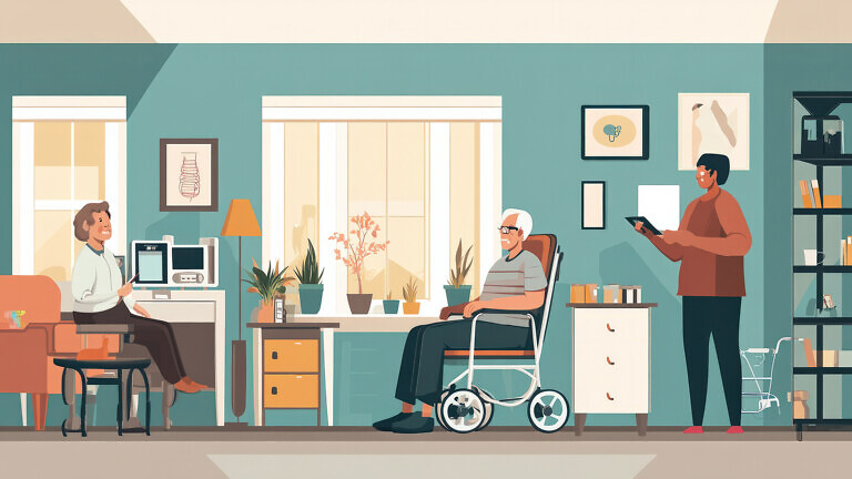 A geriatric health service setting, showing an elderly patient receiving medical attention from a caring provider, surrounded by assistive devices and a calming, home-like atmosphere